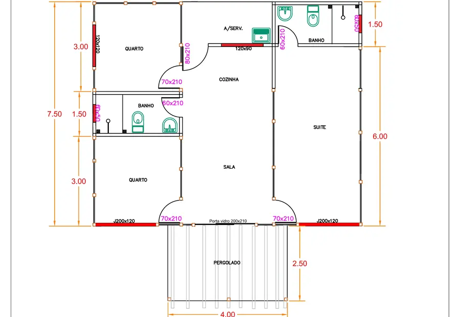 Planta: Casa 77,50m² com 1 suíte e 2 quartos