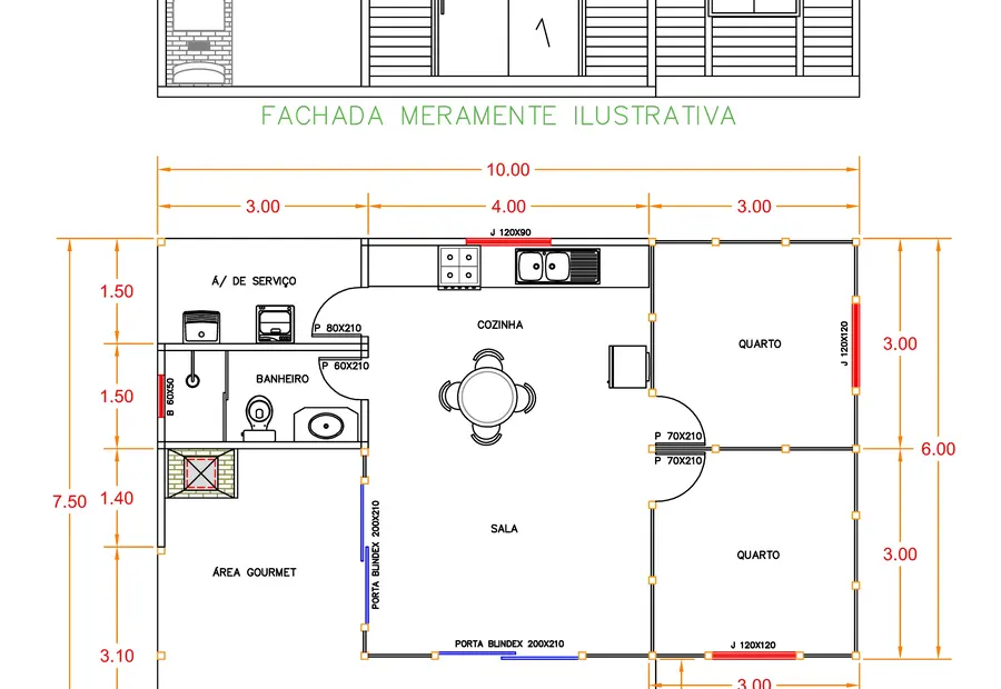 Planta: Casa 70,65m² com 2 Quartos e Área Gourmet