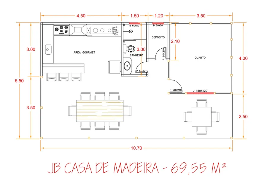 Planta: Área Gourmet 69,55m² com 1 quarto