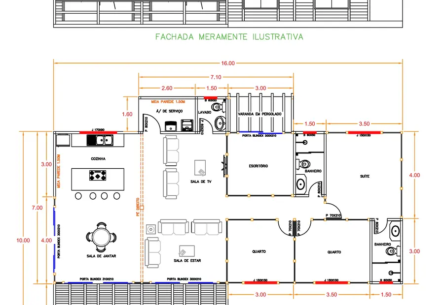 Planta: Casa 147,36m² com 1 suíte, 3 quartos e deck