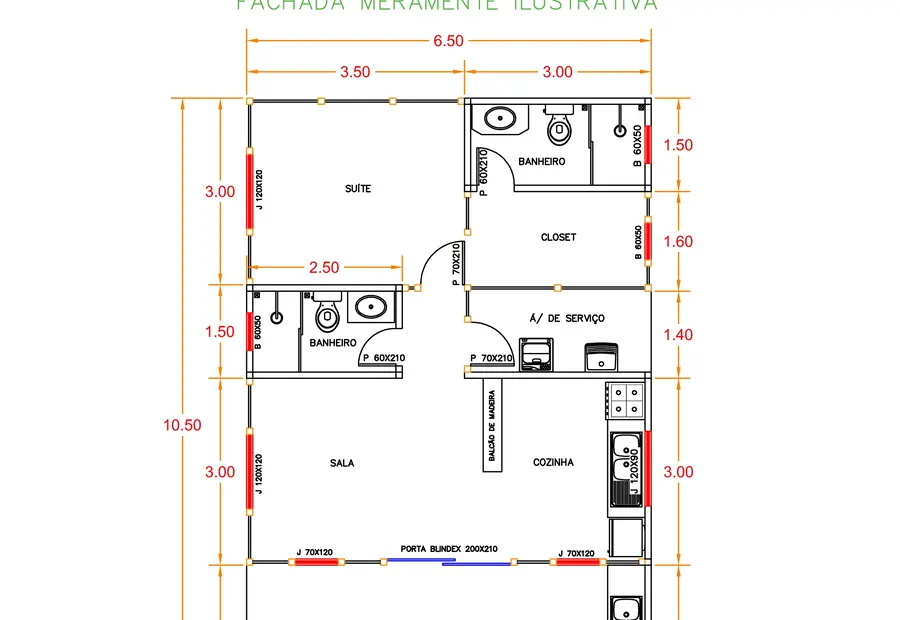 Planta: Casa 68,25m² com 1 suíte, closet e área gourmet