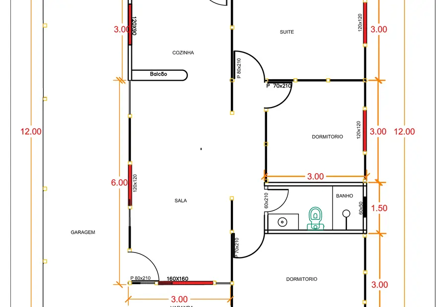 Planta: Casa 114m² com 1 suíte, 2 quartos e garagem