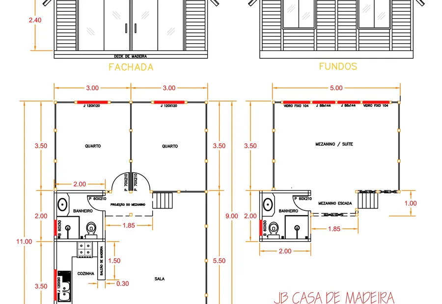 Planta: Chalé A-Frame 77,50m² com 1 suíte no mezanino, 2 quartos e deck de 12m²