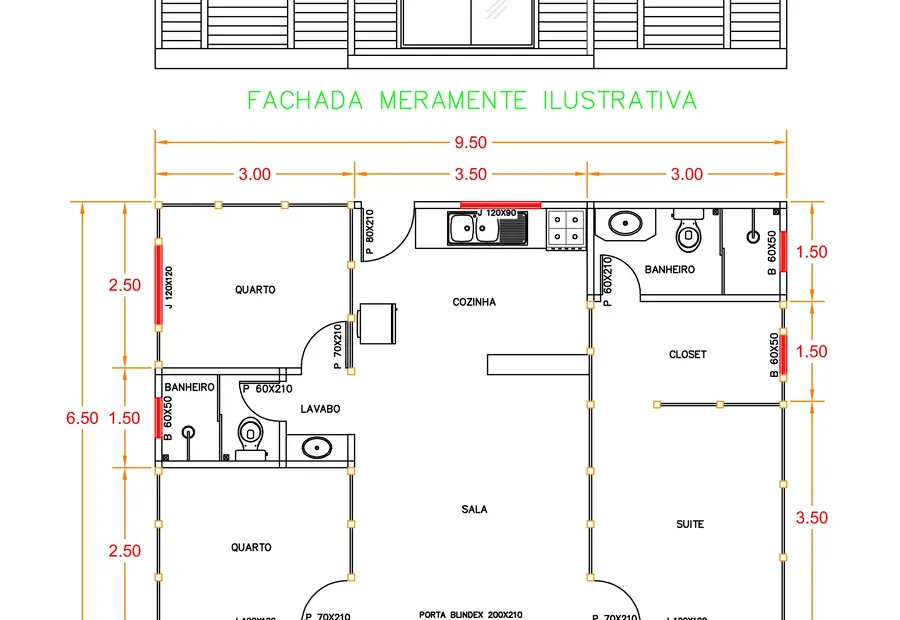 Planta: Casa 69,15m² com 1 suíte, closet, 2 quartos e pergolado