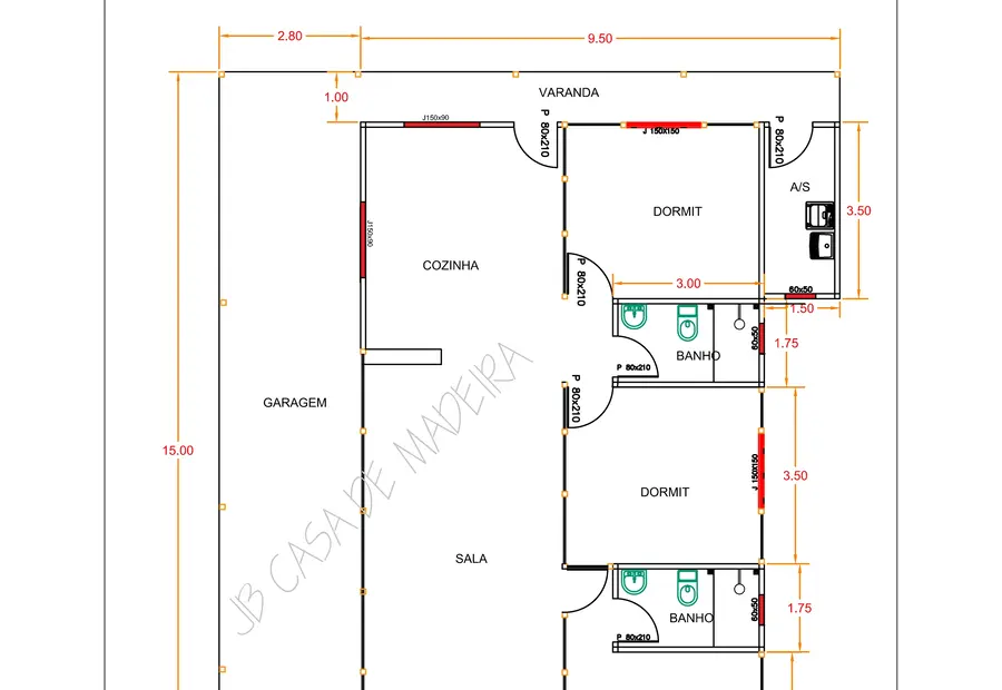 Planta: Casa 168,75m² com 1 suíte, 2 quartos, garagem e 2 varandas