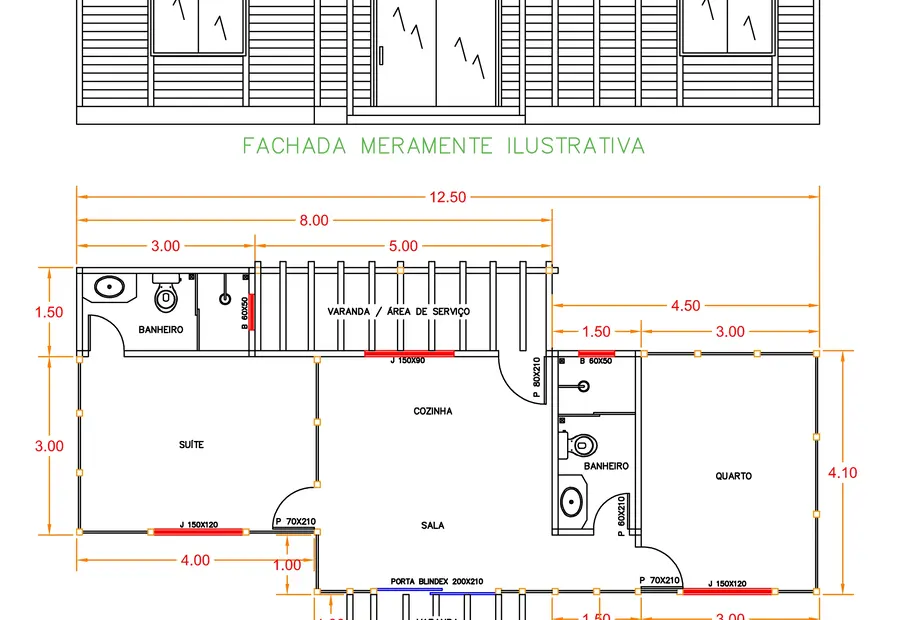Planta: Casa 61,85m² com 1 suíte, 1 quarto e duas varandas