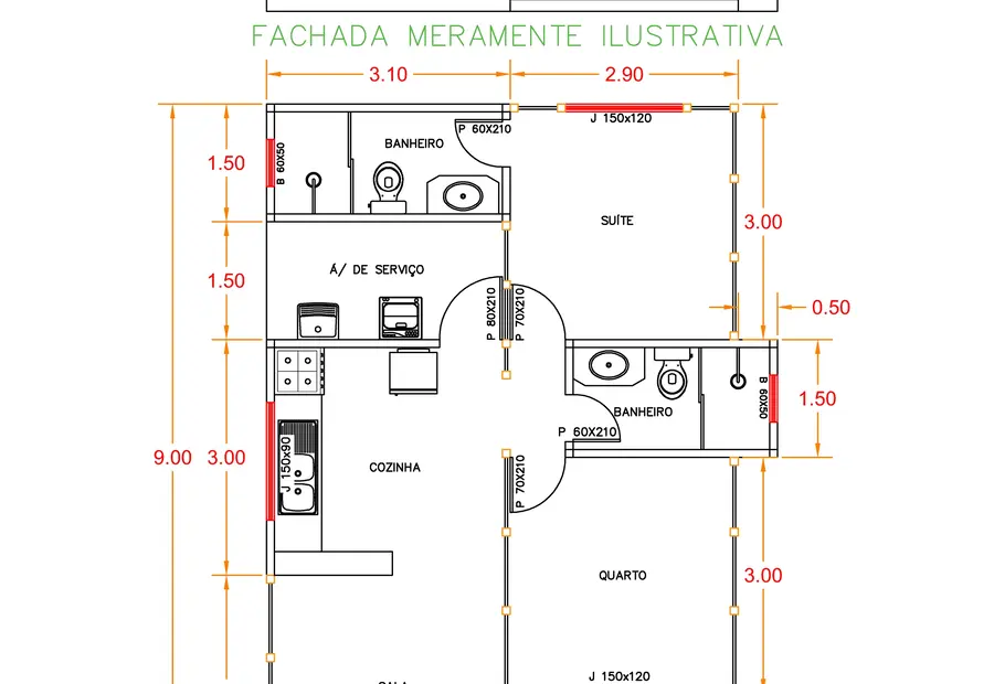 Planta: Casa 54,75m² com 2 quartos (1 suíte)