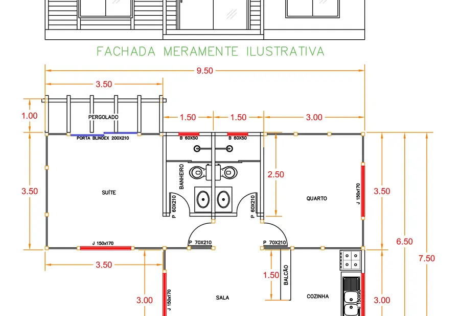 Planta: Casa de Madeira 57,75 m² com Teto Inclinado