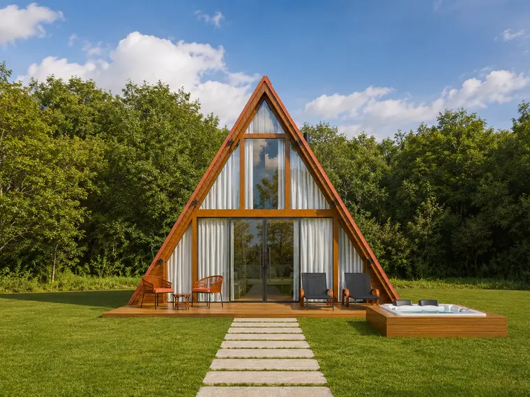 Fachada: Chalé A-Frame 45,60m² com 2 quartos e deck