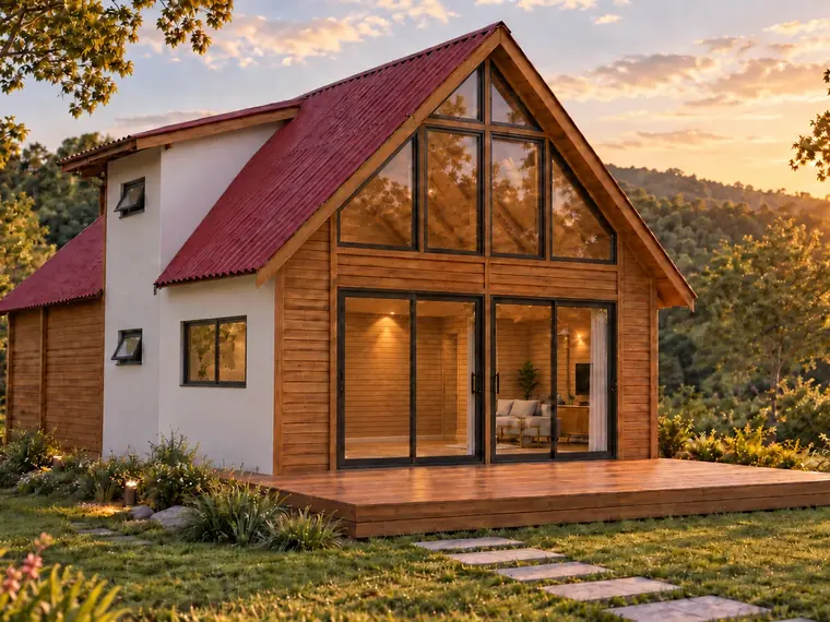 Fachada: Chalé A-Frame 77,50m² com 1 suíte no mezanino, 2 quartos e deck de 12m²