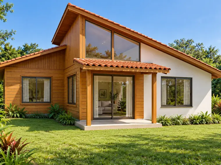 Fachada: Casa de Madeira 57,75 m² com Teto Inclinado
