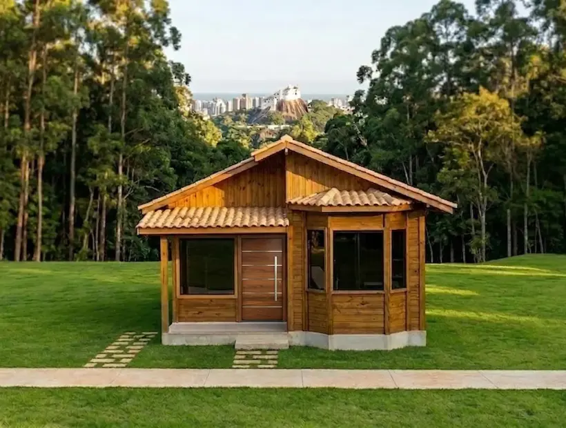 Casa de madeira na região serrana: projeto, vista e implantação