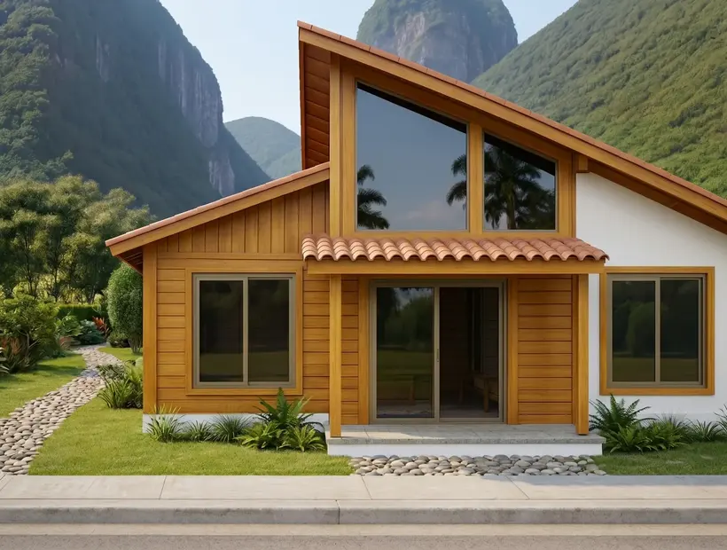 Casa de madeira com garagem: acesso, implantação e praticidade