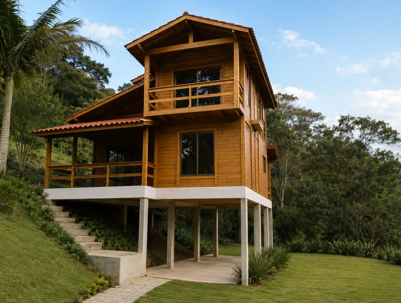Casa duplex de madeira: presença visual e ambientes bem separados