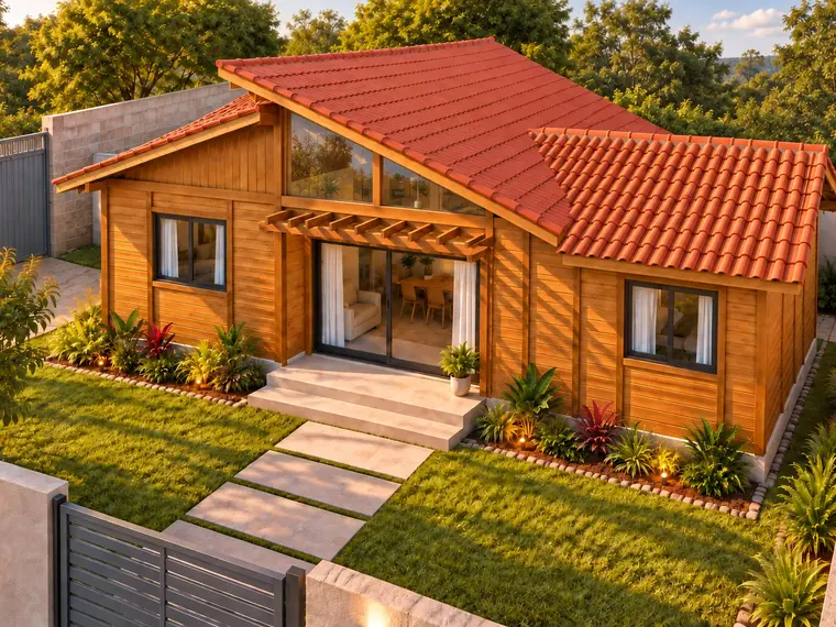 Fachada da Casa 54,35m² com 1 suíte, 1 quarto e pergolado